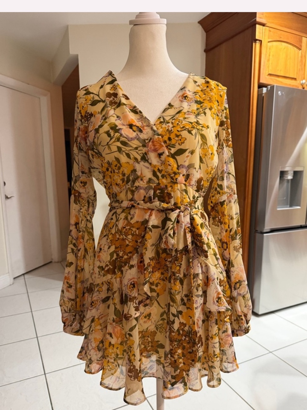 Luxxel Floral Wrap Long Sleeve Mini Dress in Mustard and Cream - Picture 1 of 7